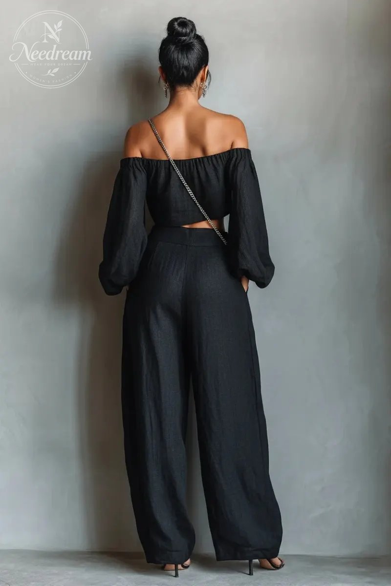 Women's Minimalist Linen Blend Strapless Long-sleeved Blouse And Wide-leg Pants Set