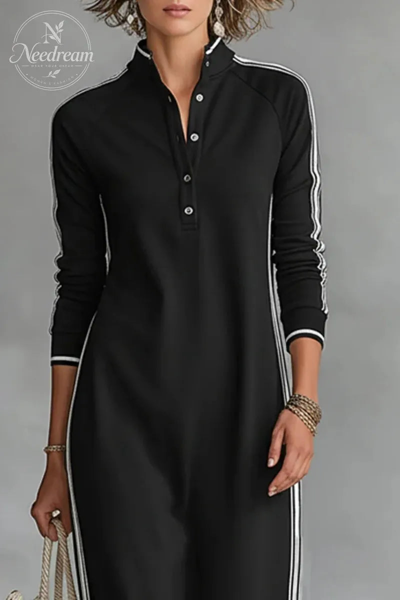 Women's Minimalist White-trimmed Button-down Collar Sweatshirt Dress Maxi Dress