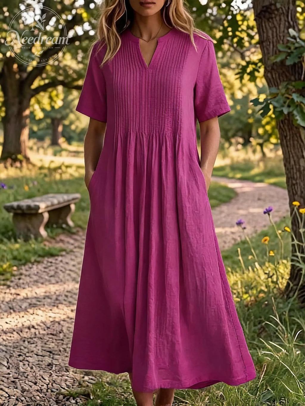 🔥 Women'S V-Neck Short-Sleeved Pleated Cotton-Linen Dress