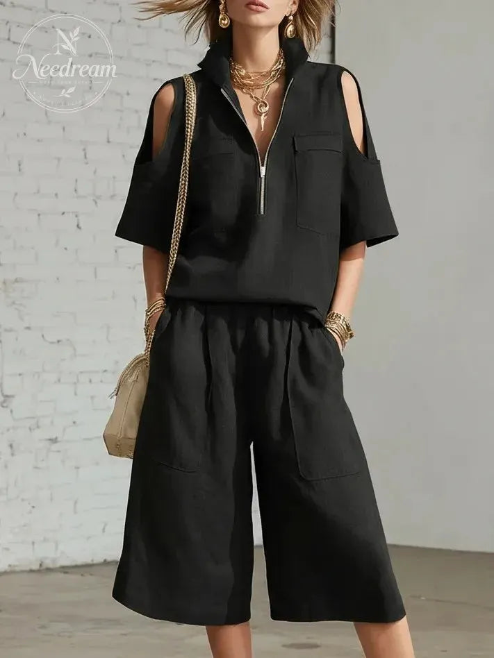 Stand-Up Collar Zipper Off-Shoulder Short-Sleeved Top And Cropped Wide-Leg Pants Two-Piece Set