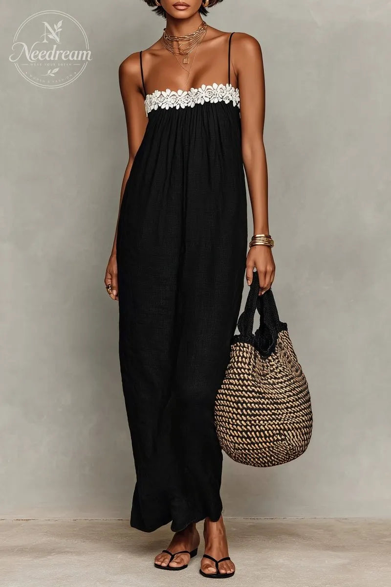 Women's Minimalist Linen-Blend Lace-Paneled Strapless With Spaghetti Straps Maxi Dress