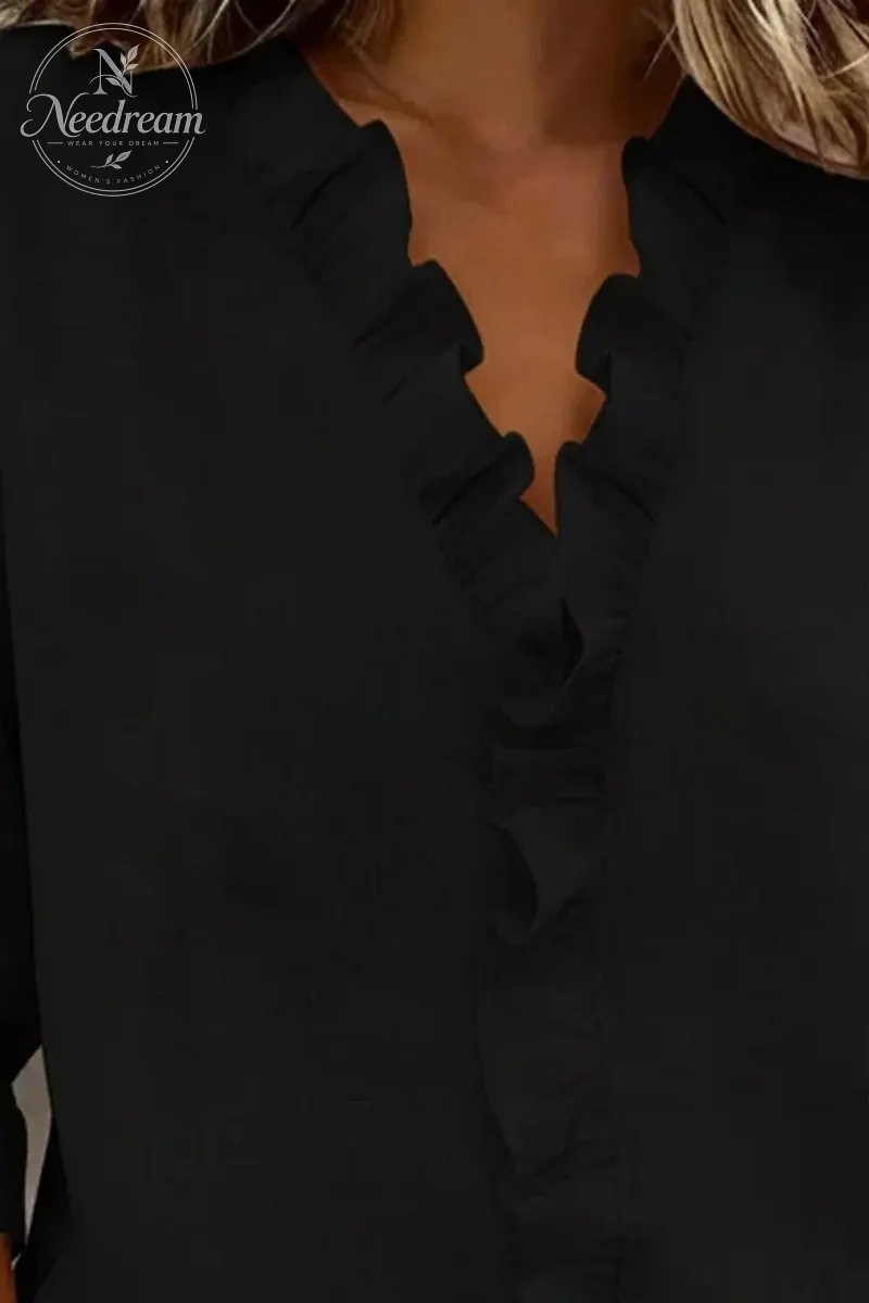 Ruffled V-Neck Long-Sleeved Cotton Shirt
