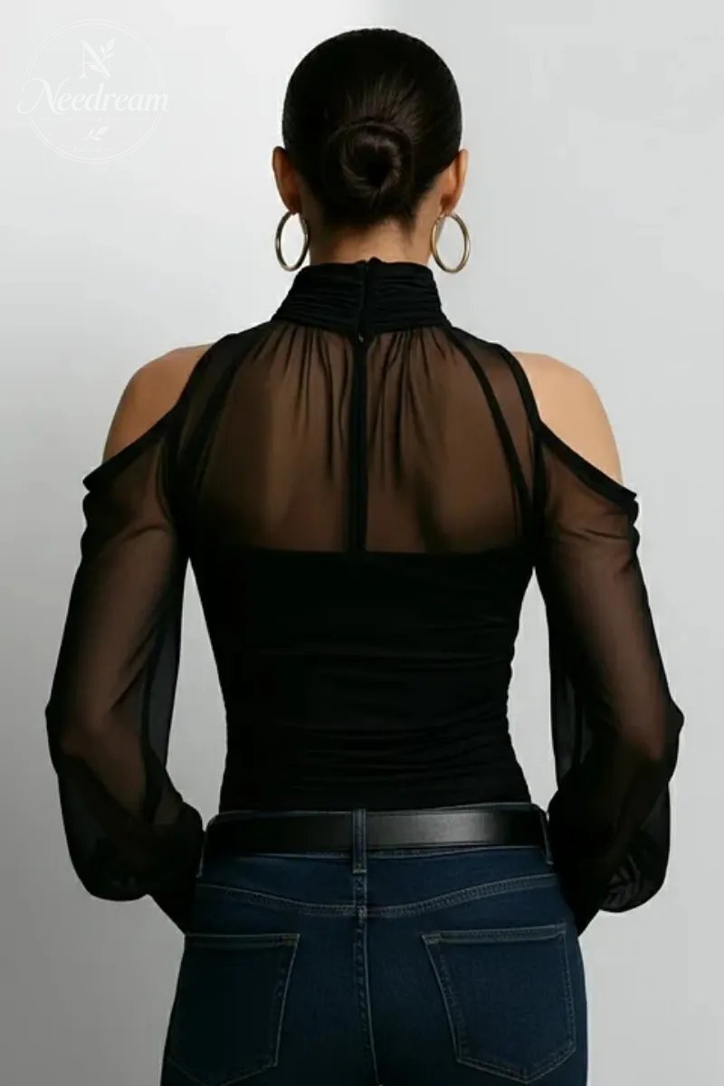 Women's Black Patchwork Mesh High Neck Cold Shoulder Long Sleeve Blouse