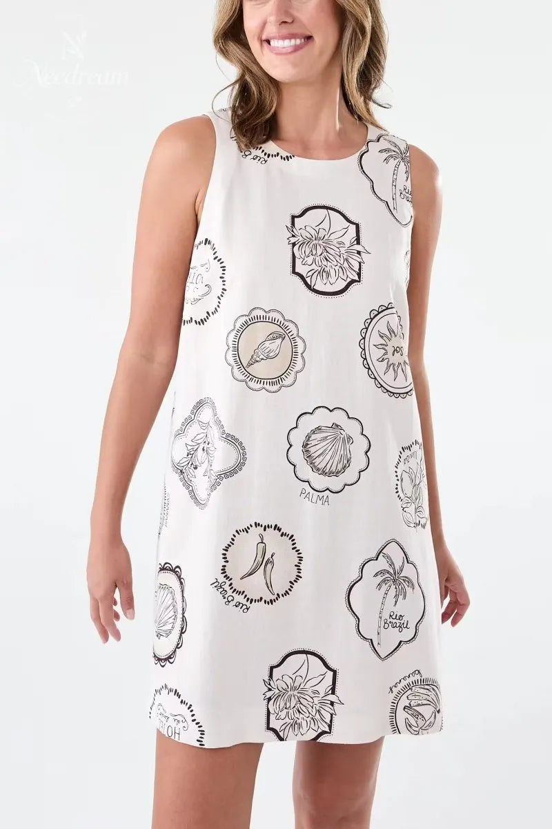 Sleeveless Linen BlendButton Detail Mini Dress