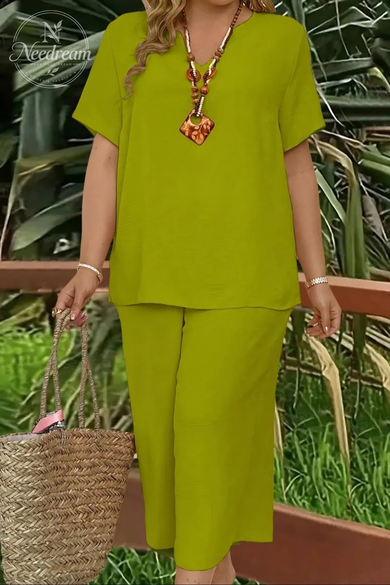 Elegant Plus Size Women's Solid Color Short Sleeve Fashion Top & Casual Wide Leg Pants Set