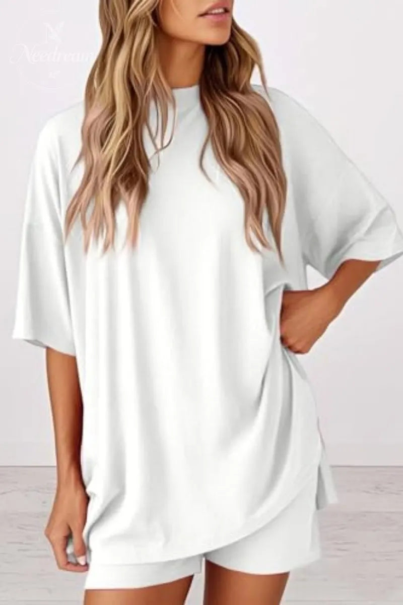 Women 2 Piece Outfits Crew Neck Oversized Tshirts and Biker Shorts with Pocket Matching Lounge Sets