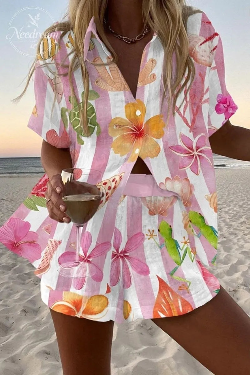 Floral Animal Print Shirt & Shorts Two-Piece Set