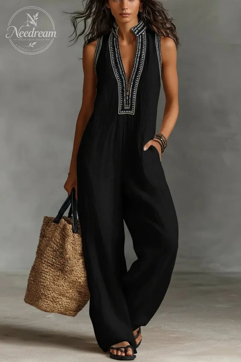 Women’s Linen Blend Sleeveless V-Neck Wide Leg Jumpsuit – Casual Summer Boho Romper with Pockets