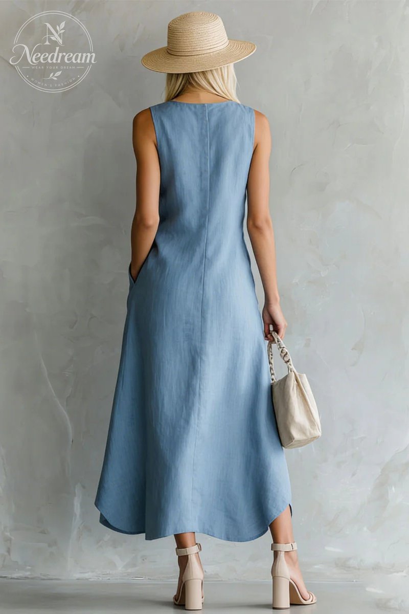 Round Neck Side Slit Sleeveless Cotton Midi Dress