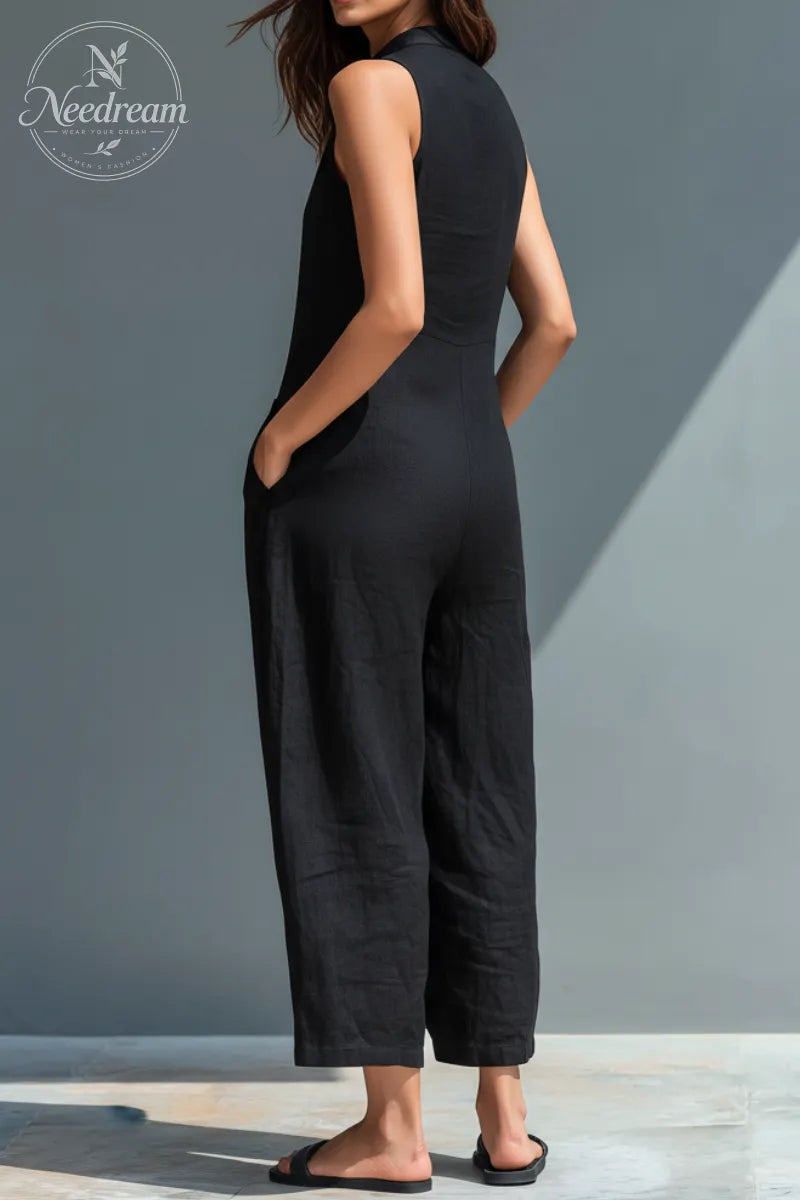 Women's Minimalist Linen Blend Button-up Stand-collar Sleeveless Loose Jumpsuit