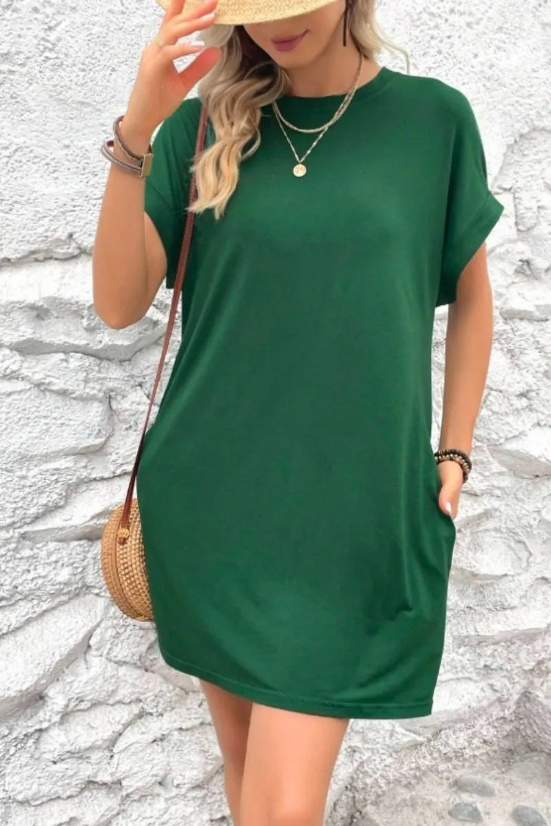 Casual Minimalist Round Neck Roll Up Sleeve Dress