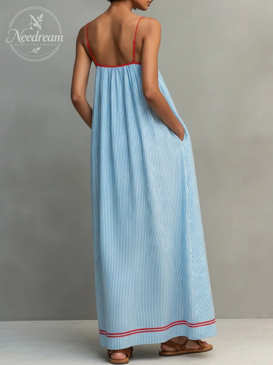 Women's Minimalist Striped Maxi Dress With Red Trim And Spaghetti Straps
