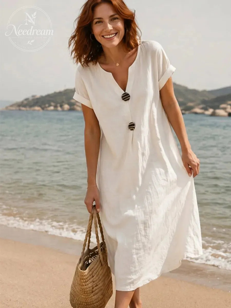 🌿 Summer Midi Dress with V-Neck & Decorative Buttons – Light Linen Material, Short Flared Sleeves
