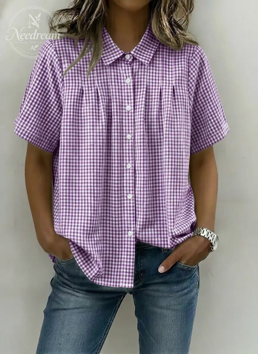 Women's Casual Gingham Checkered Shirt - Relaxed Fit Plaid Blouse