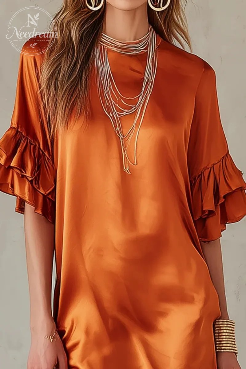 Elegant Rust Satin Ruffle-Sleeve Mini Dress