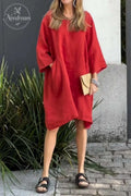 Solid Color Loose Casual Pocket Cotton Linen Dress