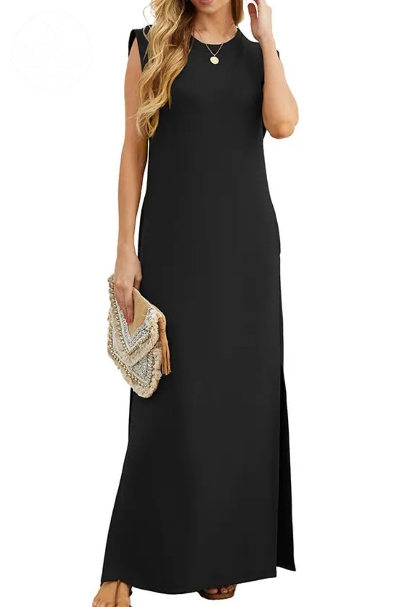 Women Summer Round Neck Casual Loose Split Wrinkle-Free Long Maxi Vacation Dress with Pockets