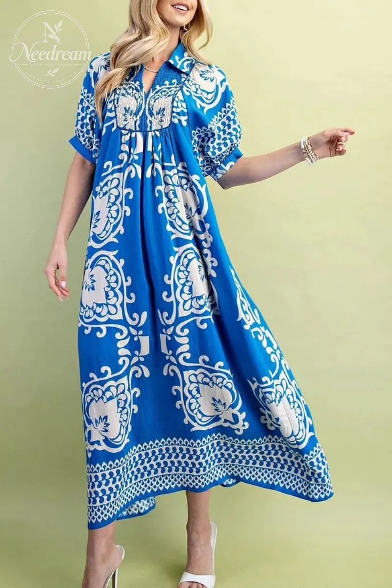 Blue Puff Sleeve Boho Midi Dress