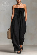 Women's Minimalist Loose-fitting Linen Blend Strapless Jumpsuit With Tie Closure