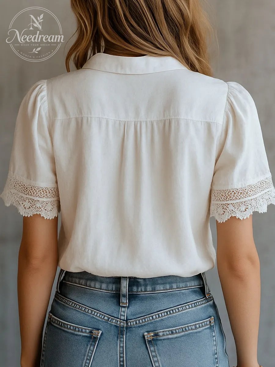 Vintage-Inspired Lace Trim White Blouse