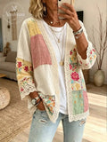 Retro Patchwork Floral V-Neck Cardigan with Lace Trim