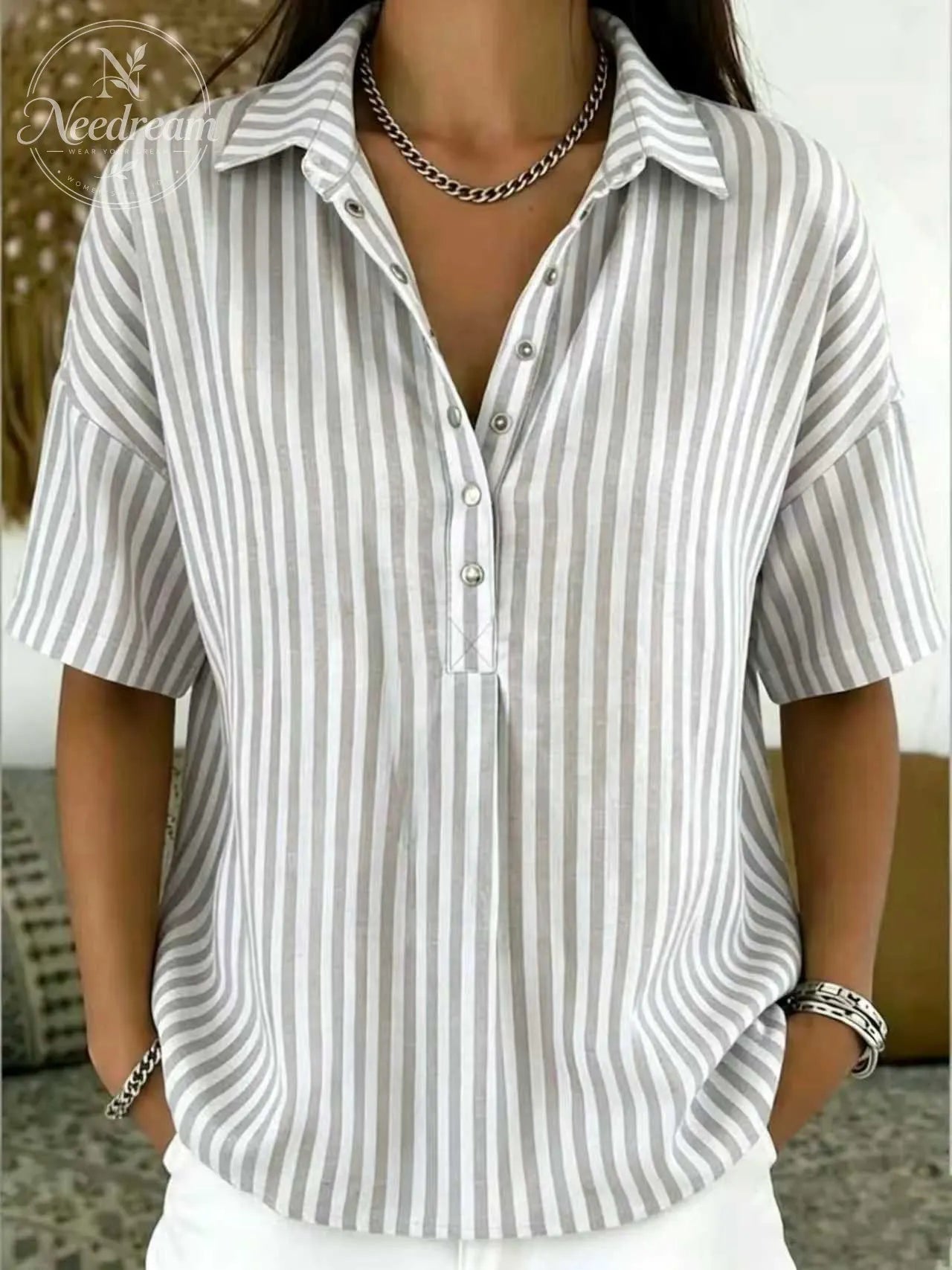 Women‘s Casual Striped Polo Collar Snap Buttons Cotton-linen Shirt