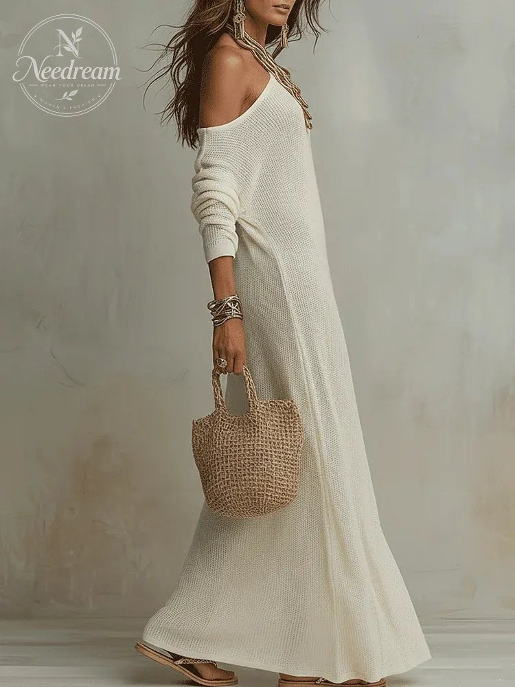 Bohemian One-Shoulder Textured Maxi Dress In Soft Ivory