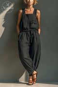Women's Black Cotton Blend Sleeveless Jumpsuit With Square Neck & Utility Pocket Detail