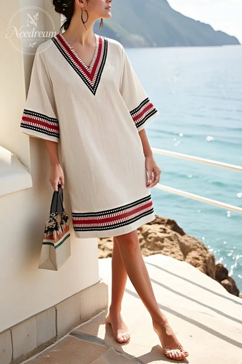 Greek Style V-neck Cotton And Linen Textured Pockets Dress