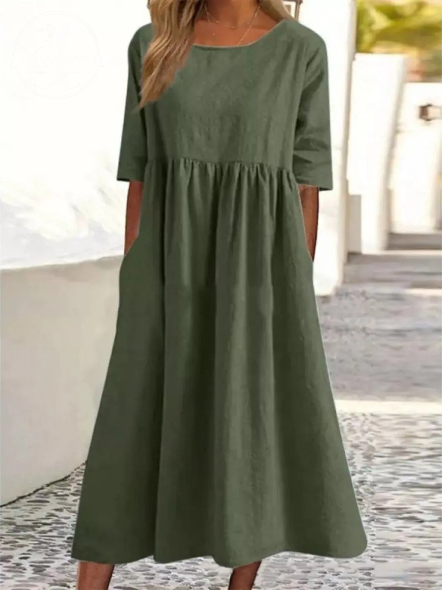 Women's Summer New Cotton and Linen Casual Short Sleeve Pocket Fold Loose Round Neck Dress