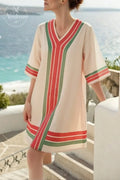 Greek-style Striped V-neck Pocket Dress