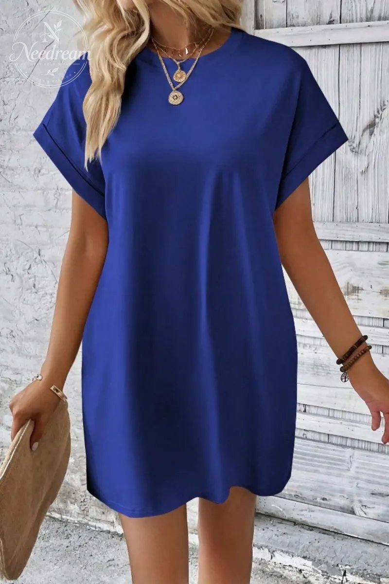 Casual Minimalist Round Neck Roll Up Sleeve Dress