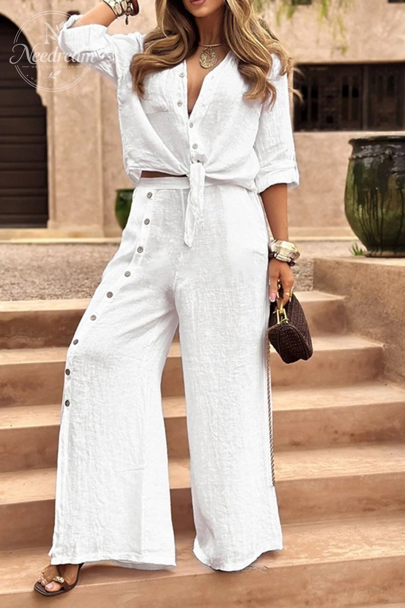 Tie-up Shirt Single-breasted Long Pants Set