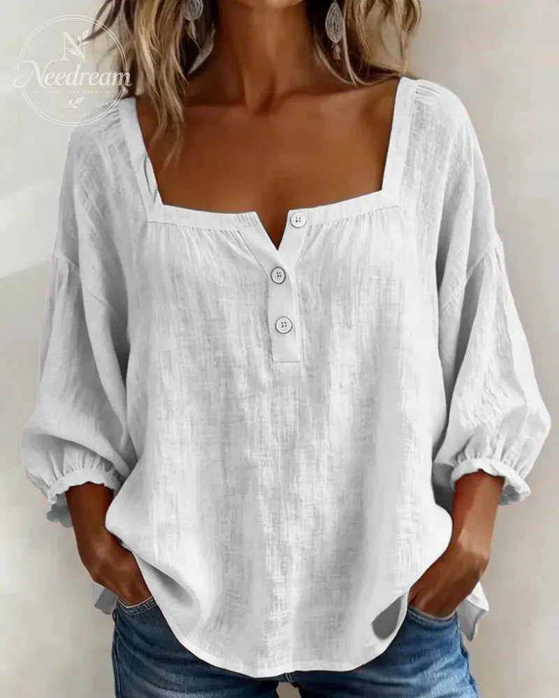 🌸Pink Square-Neck Half-Button Shirt