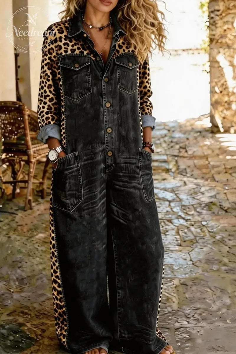 Women's Casual Long-Sleeved Pocket Leopard Print Denim Jumpsuit
