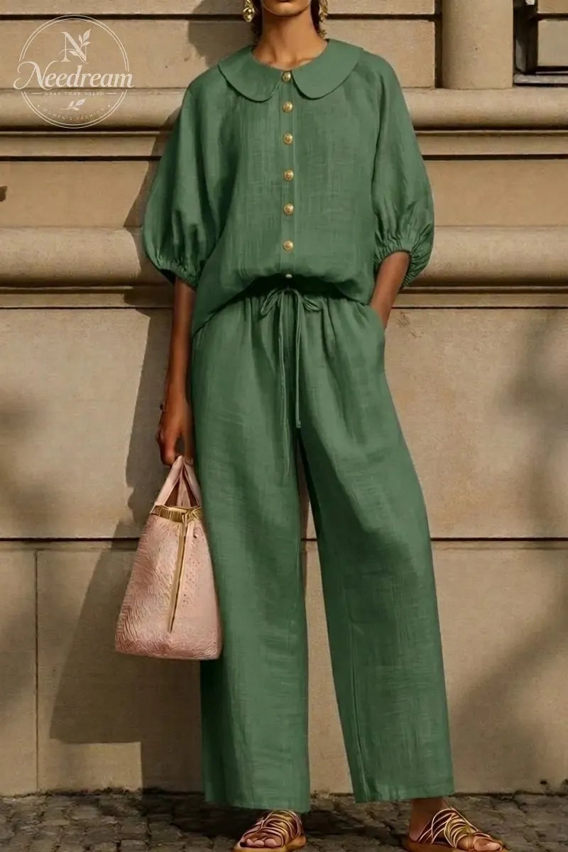 New Arrivals🔥Stylish Peter Pan Collar Shirt And Wide-leg Pant Linen Two-piece Set
