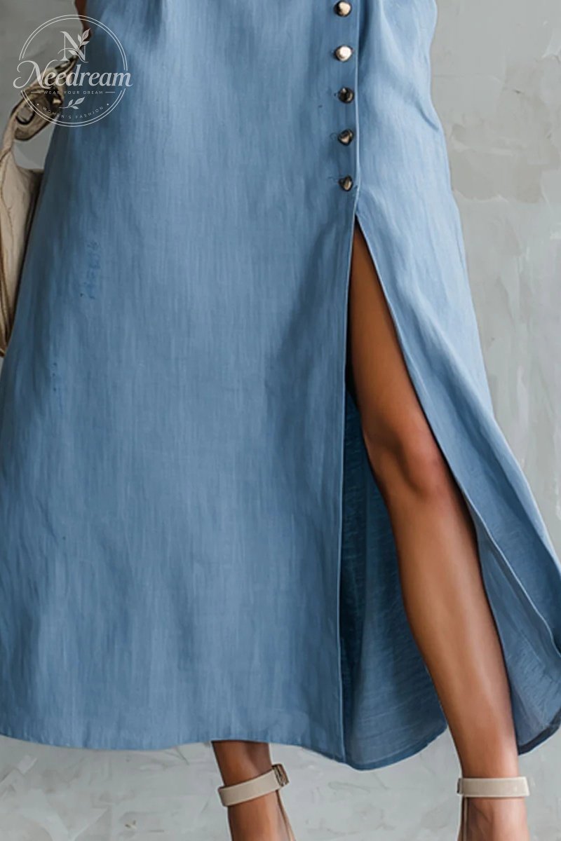 Round Neck Side Slit Sleeveless Cotton Midi Dress