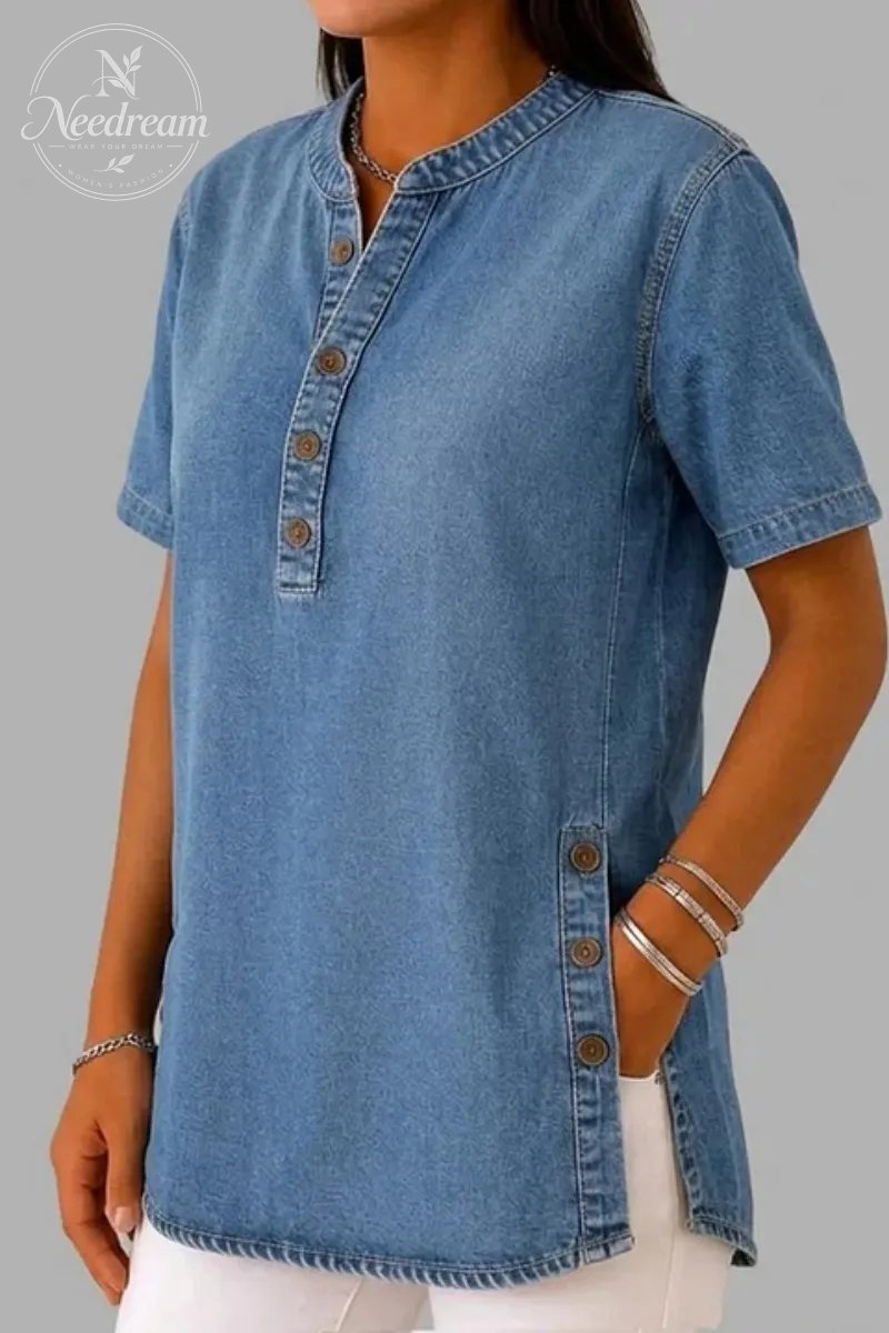Women's Casual Denim Henley Neck Short Sleeve Button Blouse