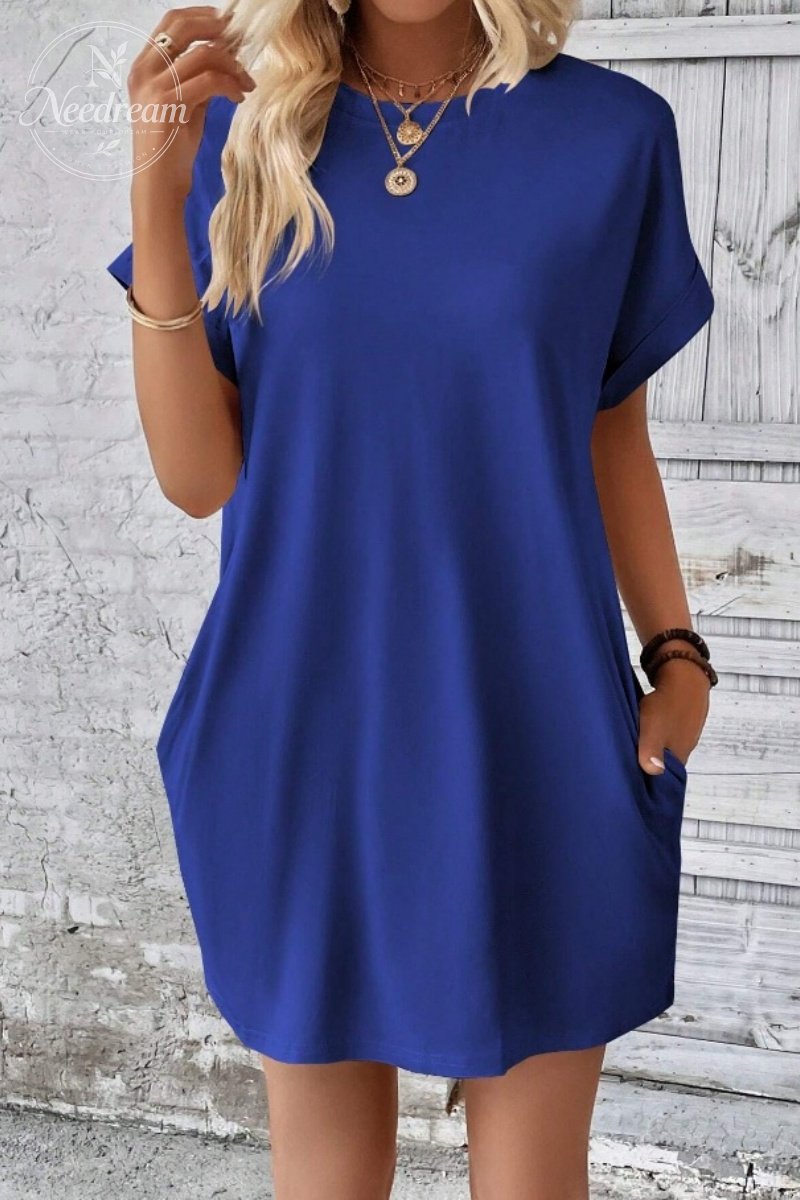 Casual Minimalist Round Neck Roll Up Sleeve Dress