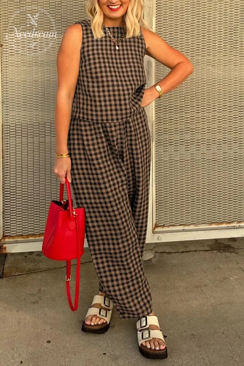 Summer New Women's 2 Piece Set Cotton Plaid Crop Top Loose Fit Pocket Nine-Tenths Pants