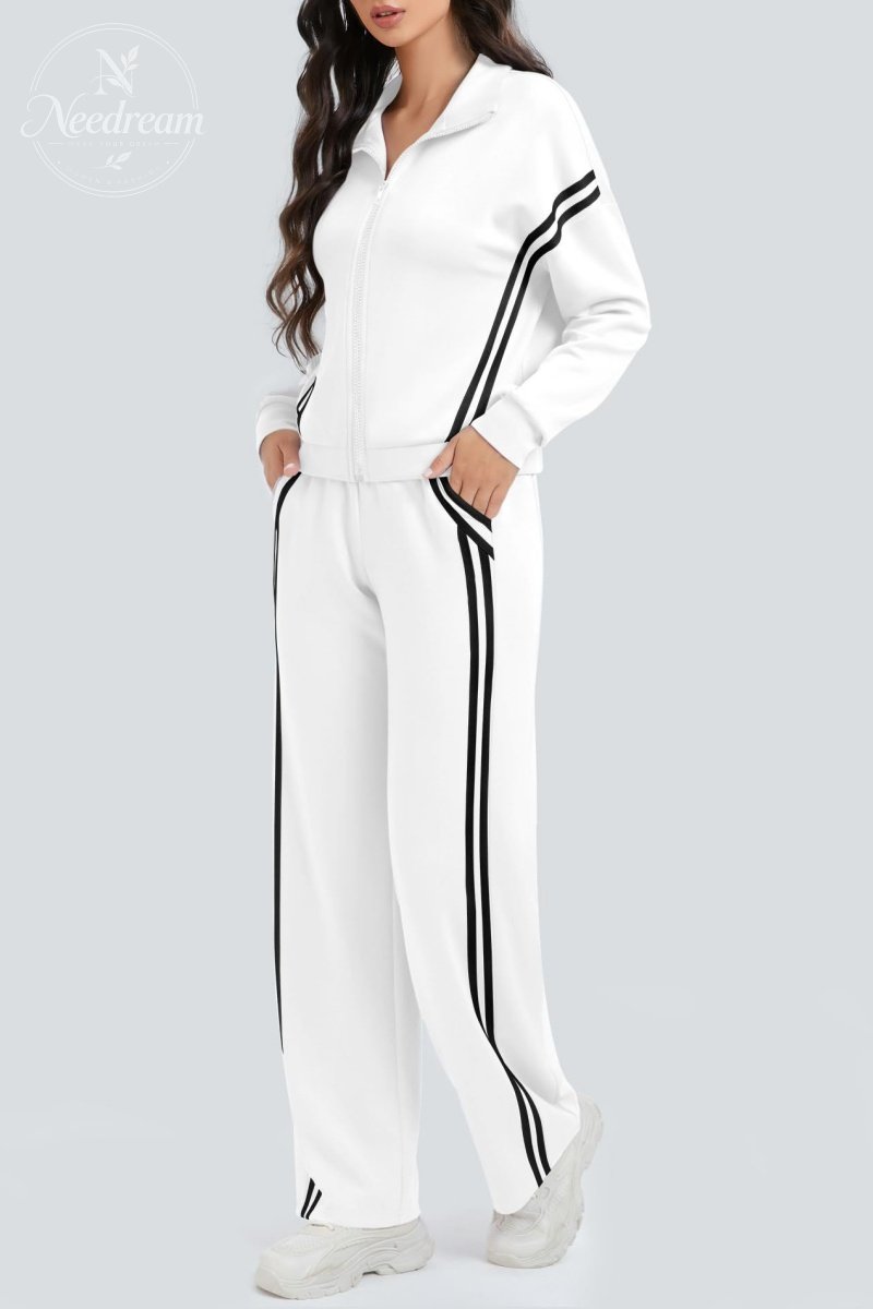 Zippered Tracksuit With Color-blocked Striped Wide-leg Pants