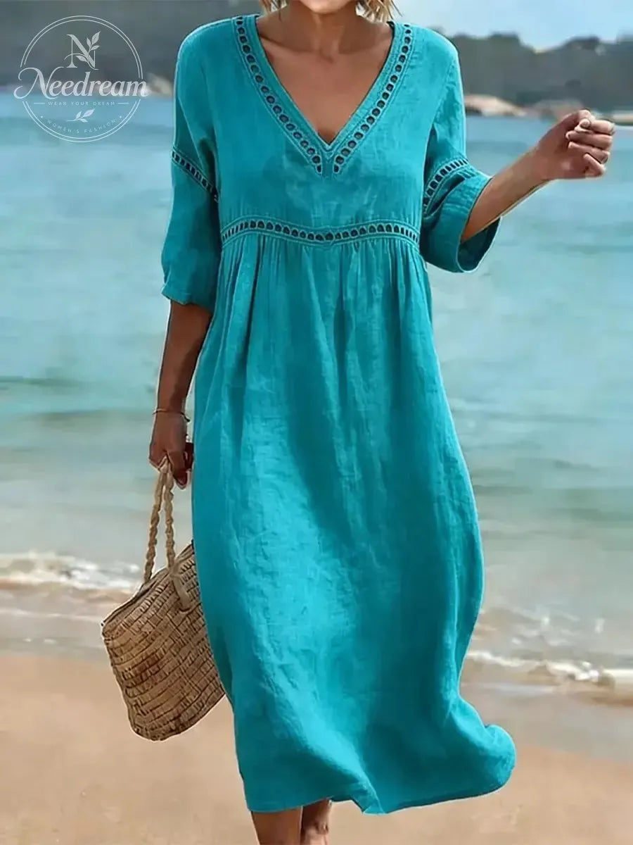 Women Cotton Maxi 3/4 Sleeve V Neck Pleated Lace Dress