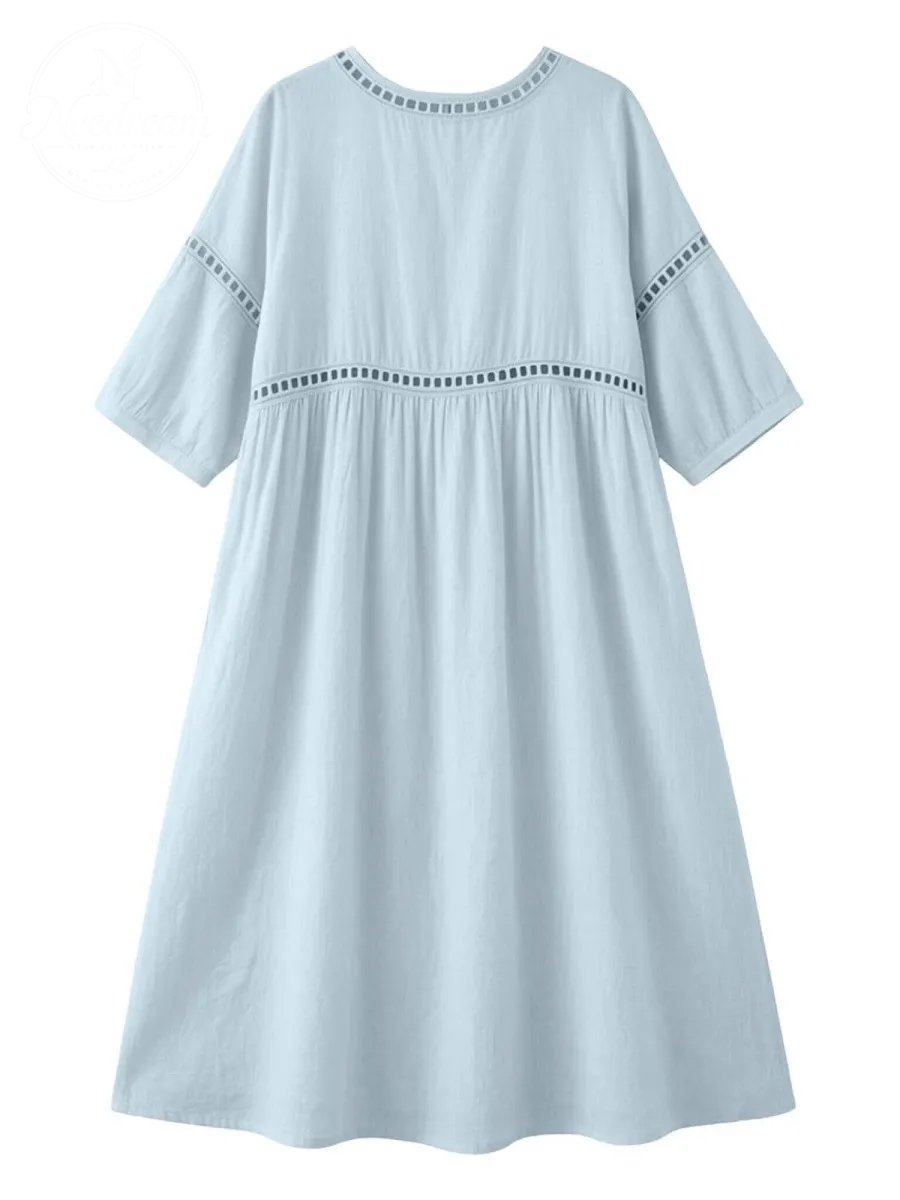 Women Cotton Maxi 3/4 Sleeve V Neck Pleated Lace Dress