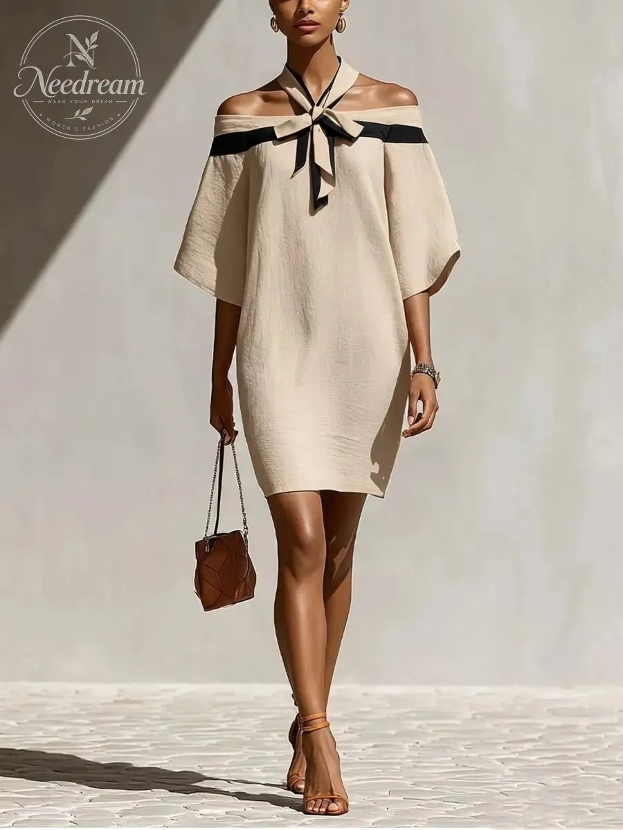 Women’S Orange Off-Shoulder Mini Dress With Black Bow Neck Detail