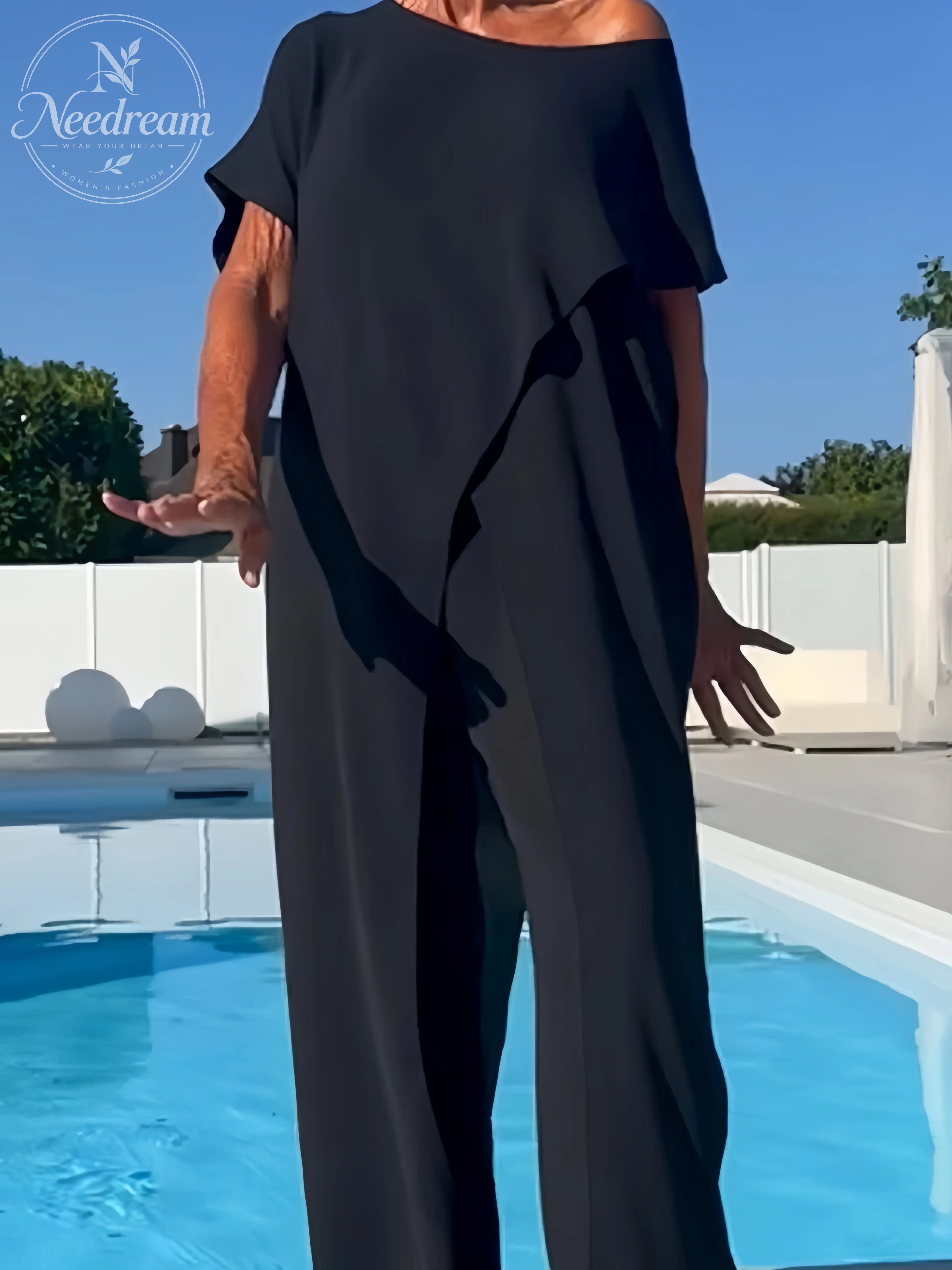 🌸Solid Color Off-Shoulder Top & Pants Set