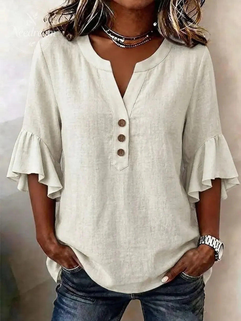 Women'S Solid-Color V-Neck 3/4-Sleeve Casual Loose Cotton-Linen Top