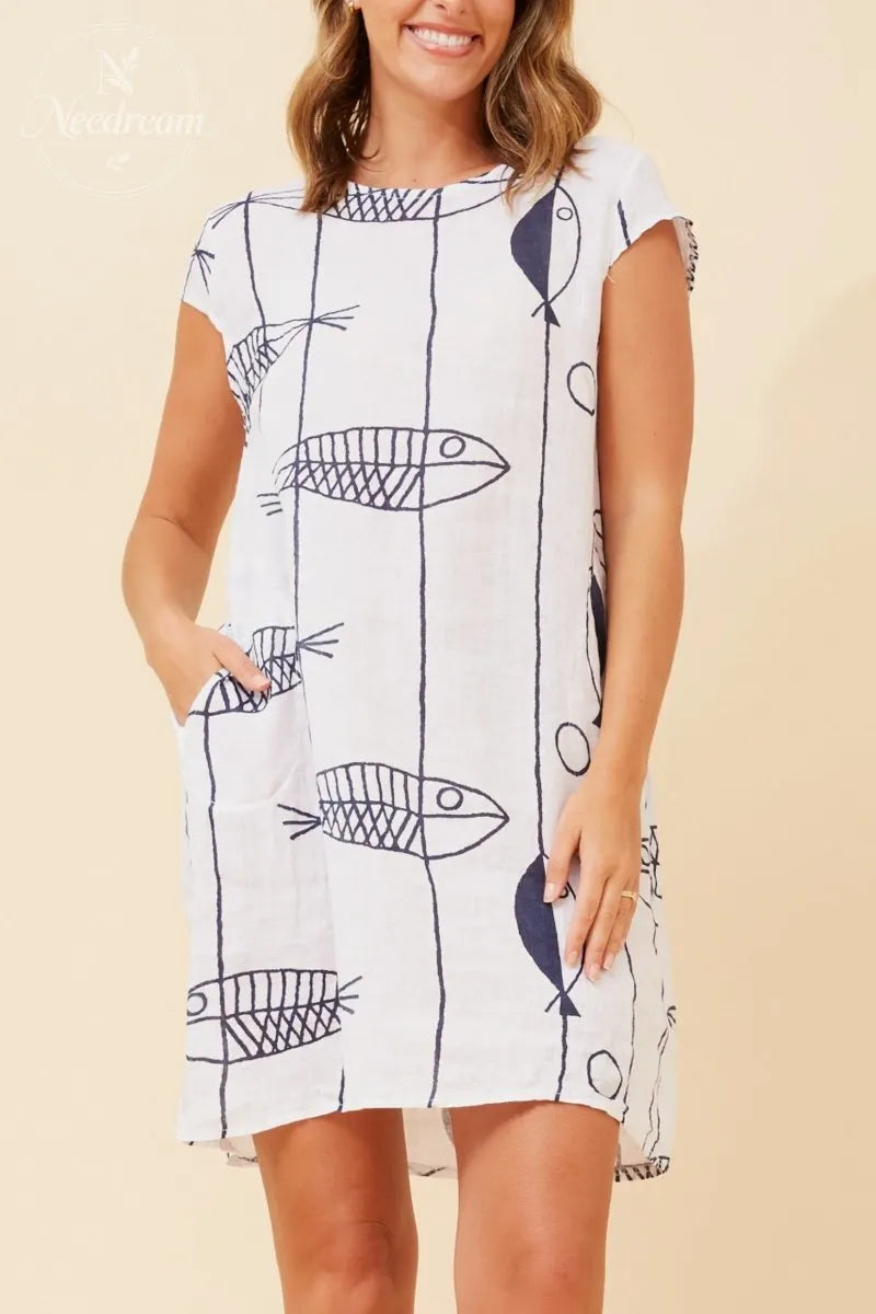 Sisley Fish Patten Linen Dress