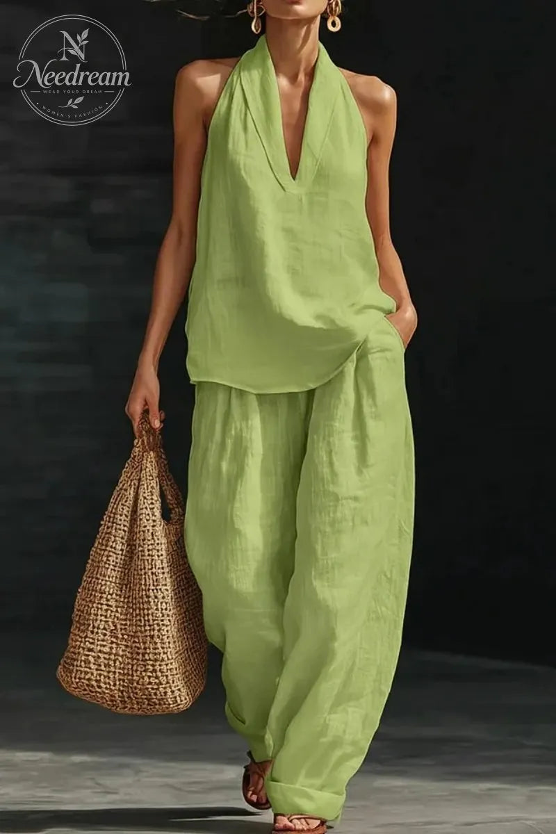 Women's V-neck Top + Tencel Linen Casual Suit