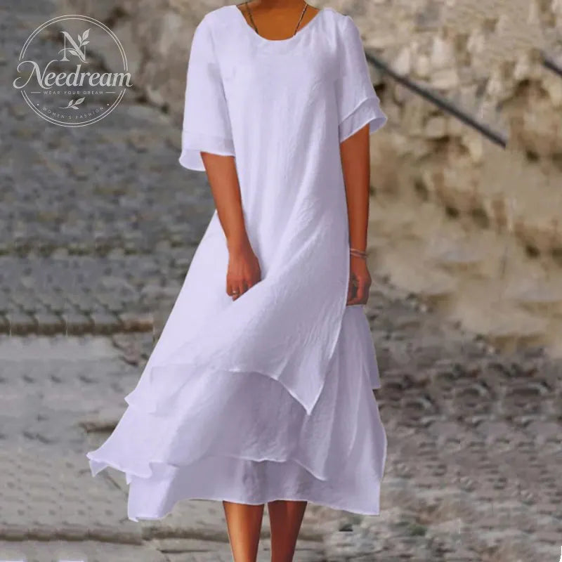 Women'S Round Neck Irregular Hem Midi Dress