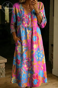 Women's Bohemian Style Art Print V-Neck Long Sleeve Button Cotton Pocket Dress